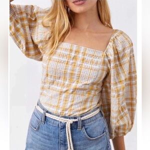 Maeve Anthropologie Plaid Square Neck Smocked Top Sz Small
